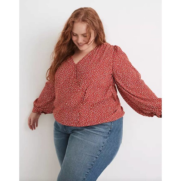 Madewell Tops - NWT Madewell Kinston Side-Button Wrap Top in Park Picnic Red NB621 Plus Size 1X